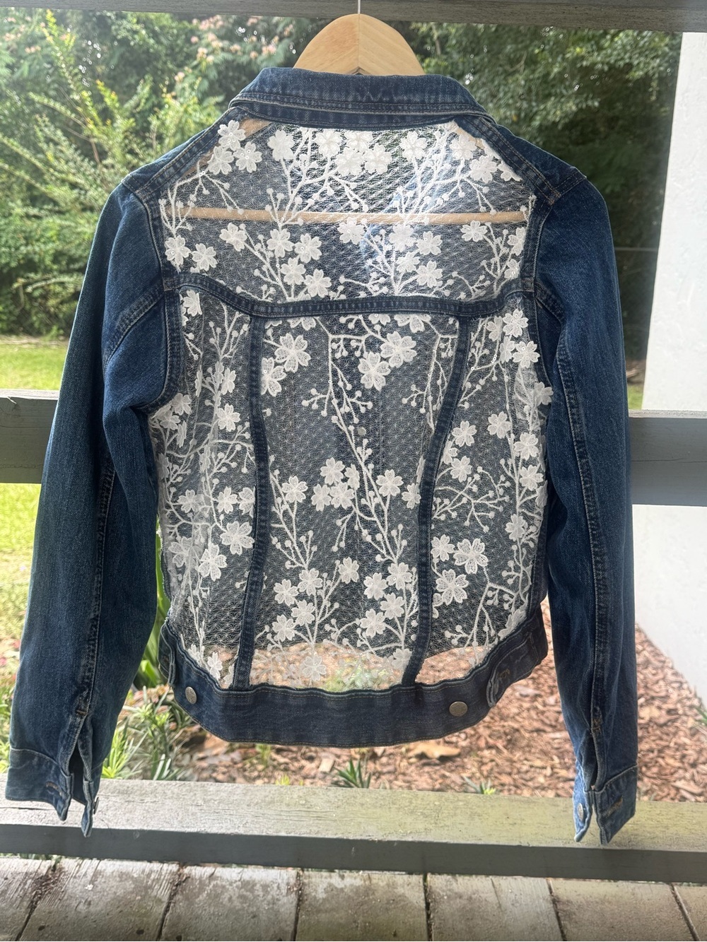 Upcycled one of a kind Women’s Dark Blue Denim Jacket with White Lace Back
